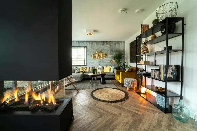 Contemporary gas fireplace installed in a Kirkland living room