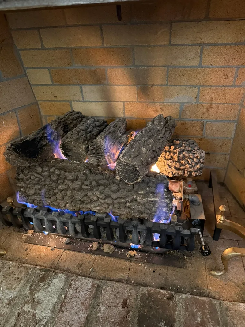 Gas log blue flames close up — clean even burn pattern