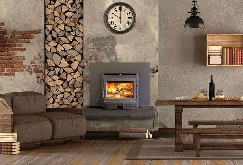 Lopi Large Flush NexGen-Hybrid wood fireplace insert installed in a Bellevue home with brick surround
