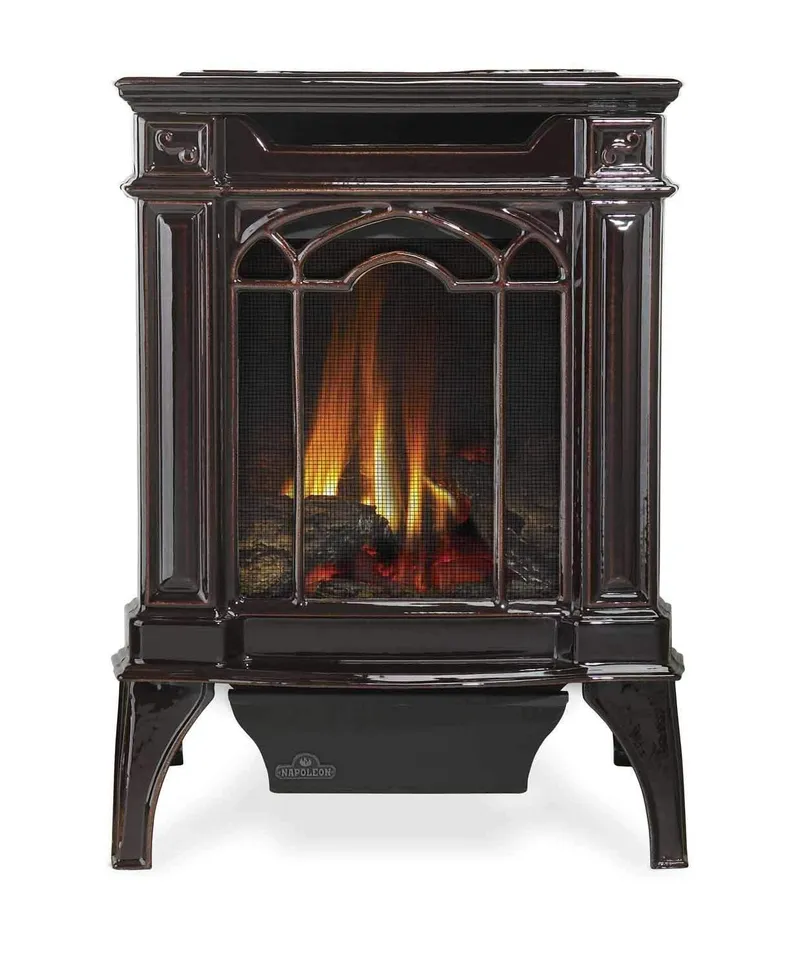 Napoleon gas freestanding stove in a Bellevue great room on a slate hearth pad