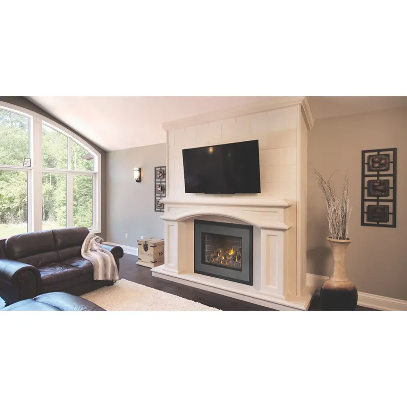 Napoleon linear direct vent gas fireplace in a modern Eastside great room with floor-to-ceiling stone surround